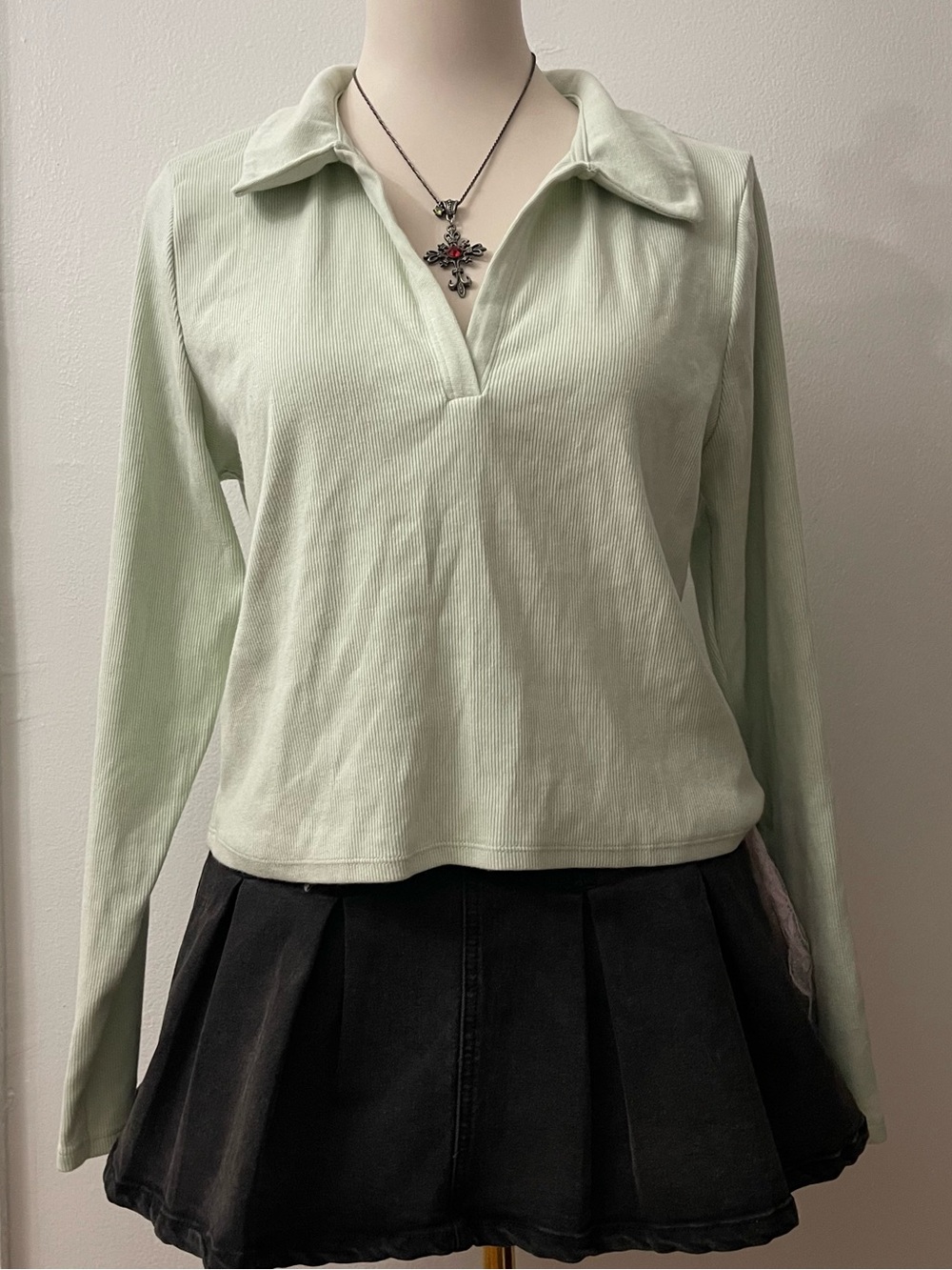 Abercrombie & Fitch Pale Mint V-Neck Long Sleeve Polo Top